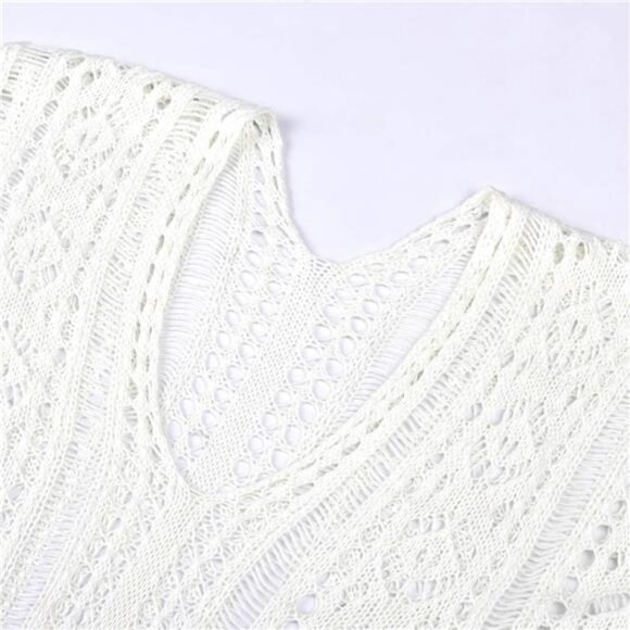 White Knit Crochet Bikini Swimsuit Coverup Dress Short Sleeve Swim Beach Dress‎ - Picture 5 of 7